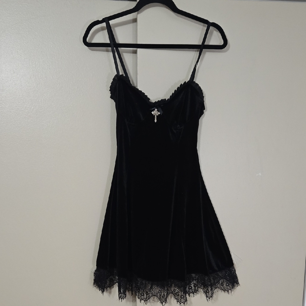 Black Velvet Lace-Trim Slip Dress Size Small